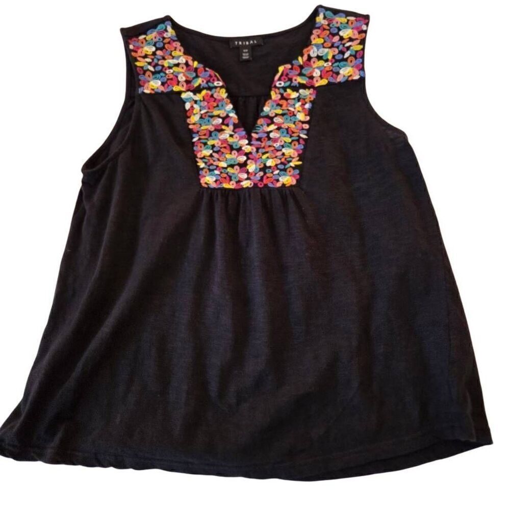 TRIBAL Womens Multi-Color Embroidered Sleeveless Babydoll Top Black Size Medium